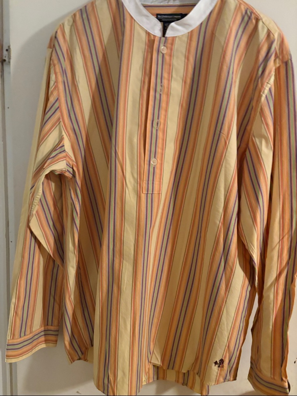 J. Peterman Yellow and Orange Multi-Stripe Collarless Shirt